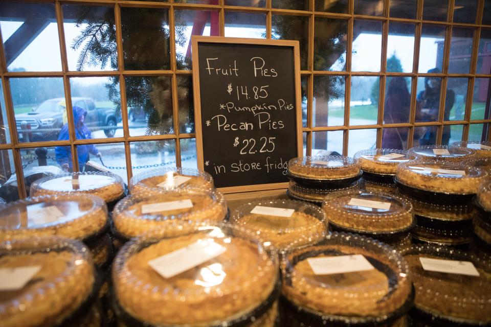 Pies sit piled up by the window inside Hornstra Farms in Norwell for Thanksgiving shoppers on Monday, Nov. 23, 2020.