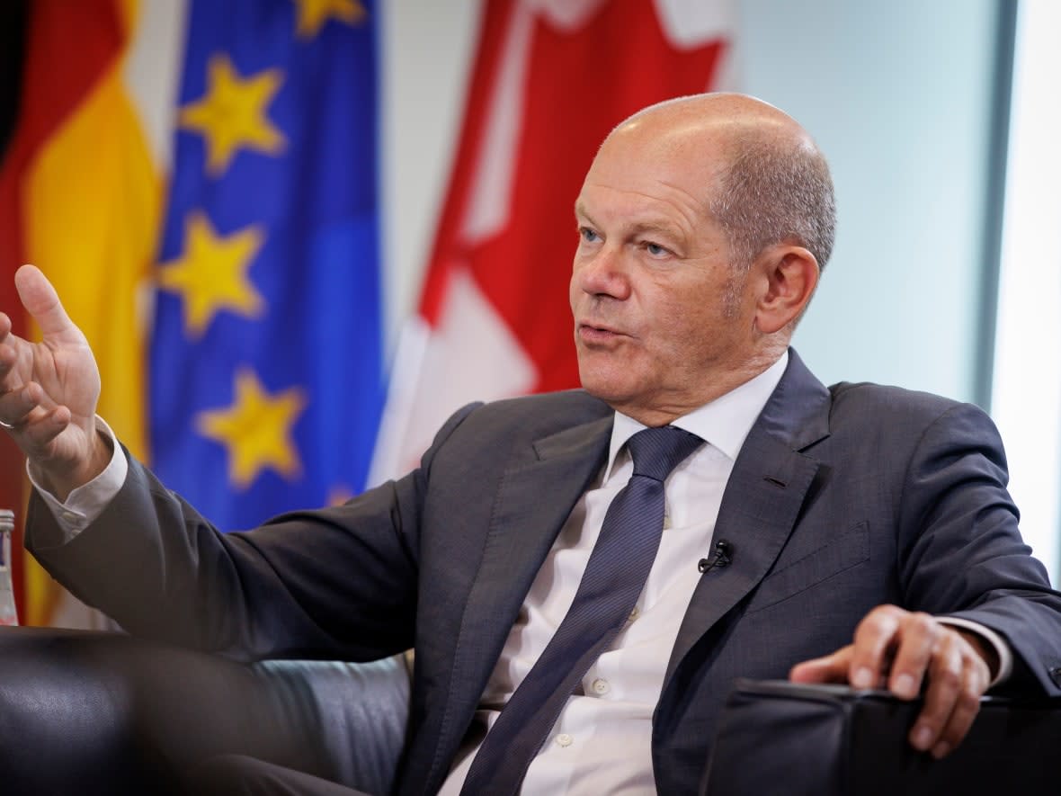 The CBC’s Vassy Kapelos interviews German Chancellor Olaf Scholz, in Toronto, on Aug. 23, 2022 during the European leader’s first trip to Canada. Scholz said he would like to see more natural gas exports from Canada to address energy woes. (Evan Mitsui/CBC - image credit)