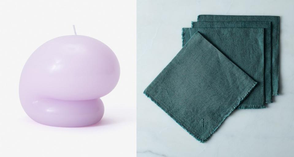 SHOP NOW: Goober Candle in El by Tablot and Yoon, $24, areaware.com
SHOP NOW: Linen buttonhole napkins in emerald by Sir Madam, $70 for set of four, food52.com