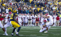 Rutgers kicker Valentino Ambrosio (1) kicks a 25-yard field goal in the fourth quarter of an NCAA college football game against Michigan in Ann Arbor, Mich., Saturday, Sept. 25, 2021. Michigan won 20-13. (AP Photo/Tony Ding)