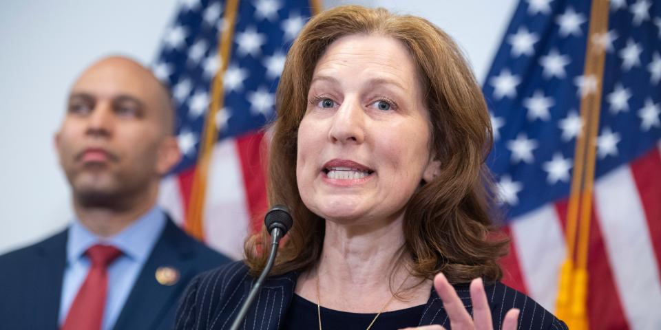 Rep. Kim Schrier, D-Wash., a pediatrician, makes remarks on the coronavirus during a news conference after a meeting of the House Democratic Caucus in the Capitol on Tuesday, March 3, 2020. Democratic Caucus Chair Hakeem Jeffries, D-N.Y., also appears.