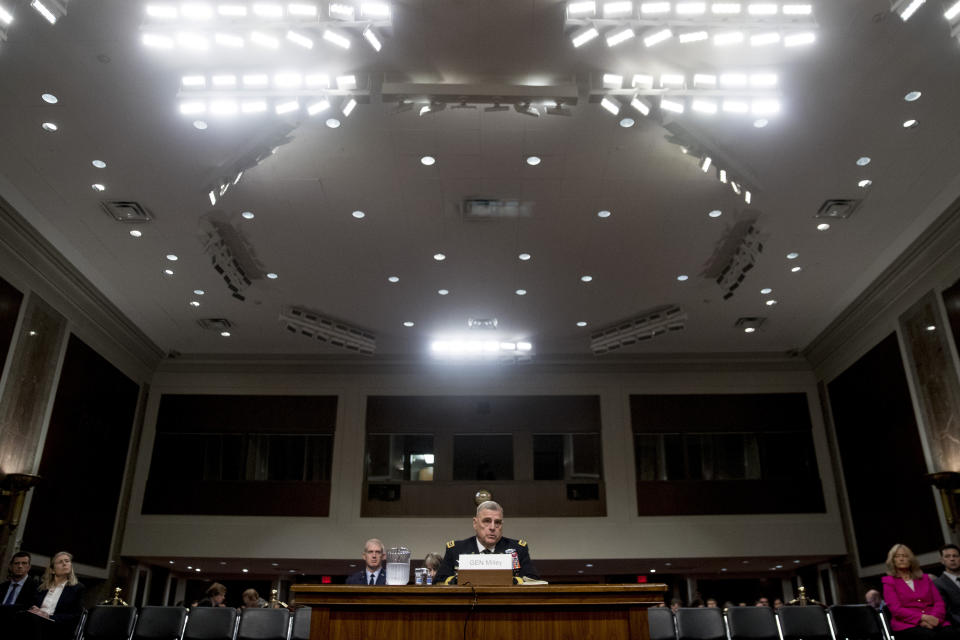 Gen. Mark Milley speaks at a Senate Armed Services Committee hearing on Capitol Hill in Washington, Thursday, July 11, 2019, for reappointment to the grade of general and to be Joint Chiefs of Staff Chairman. (AP Photo/Andrew Harnik)