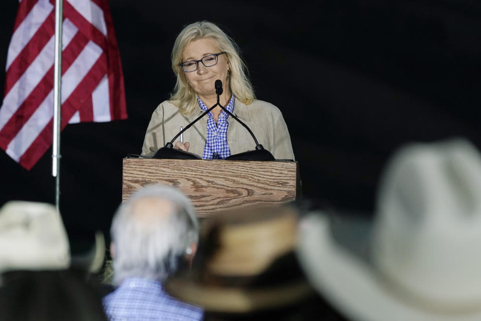 Rep. Liz Cheney, R-Wyo., speaks Tuesday, Aug. 16, 2022, at a primary Election Day gathering in Jackson, Wyo. Cheney lost to challenger Harriet Hageman in the primary. Cheney’s resounding election defeat marks an end of an era for the Republican Party. Her loss to Trump-backed challenger is the most high-profile political casualty yet as the GOP transforms into the party of Trump. (AP Photo/Jae C. Hong)