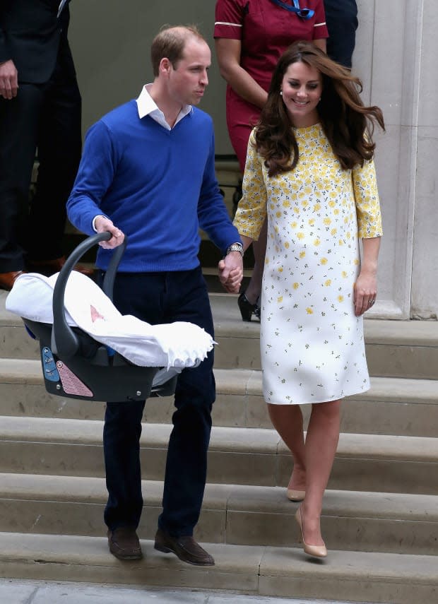 <p>After the birth of Princess Charlotte, Kate Middleton appeared on the steps of the Lindo Wing in a lightweight silk Jenny Packham dress and pearl drop earrings.</p>