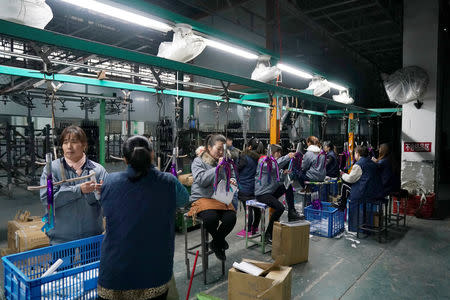 Employees work on the production line of Kent bicycles at Shanghai General Sports Co., Ltd,in Kunshan, Jiangsu Province, China, February 22, 2019. Picture taken February 22, 2019. REUTERS/Aly Song