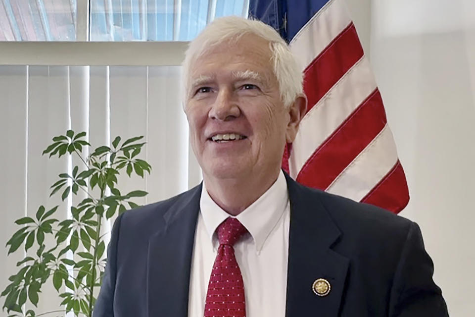 Rep. Mo Brooks, R-Ala., speaks with reporters, March 23, 2022 in Hueytown, Ala. Alabama’s Republican primary for the U.S. Senate seat being vacated by retiring U.S. Sen. Richard Shelby is a bitter high-dollar fight between three frontrunners battling for a spot in an anticipated runoff. Mo Brooks who won _ and then lost _ former President Donald Trump’s backing in the race faces Katie Boyd Britt, the former leader of Business Council of Alabama and Shelby’s former chief of staff and Mike Durant, the owner of an aerospace company but best known as the helicopter pilot shot down and captured in in the events that inspired “Black Hawk Down.” (AP Photo/Kimberly Chandler)