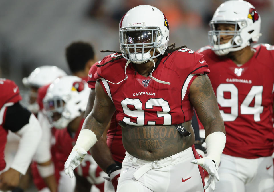 GLENDALE, ARIZONA - AUGUST 08:  Defensive tackle Darius Philon #93 of the Arizona Cardinals warms up before the NFL preseason game against the Los Angeles Chargers at State Farm Stadium on August 08, 2019 in Glendale, Arizona. The Cardinals defeated the Chargers 17-13.  (Photo by Christian Petersen/Getty Images)