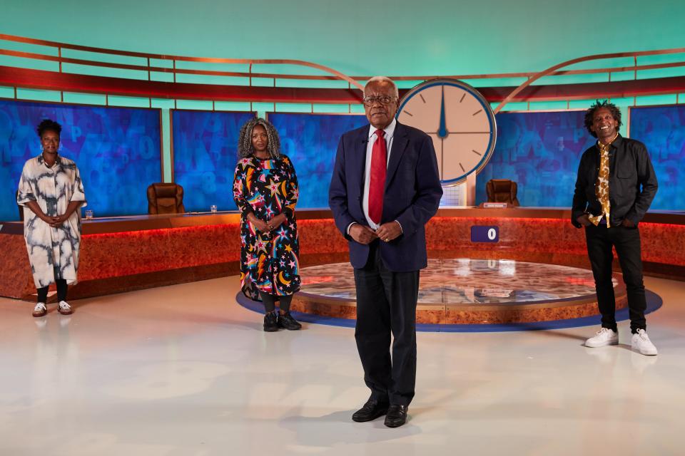 Marverine Cole, Dr Anne-Marie Imafidon MBE with Sir Trevor McDonald and Lemn Sissay OBE.