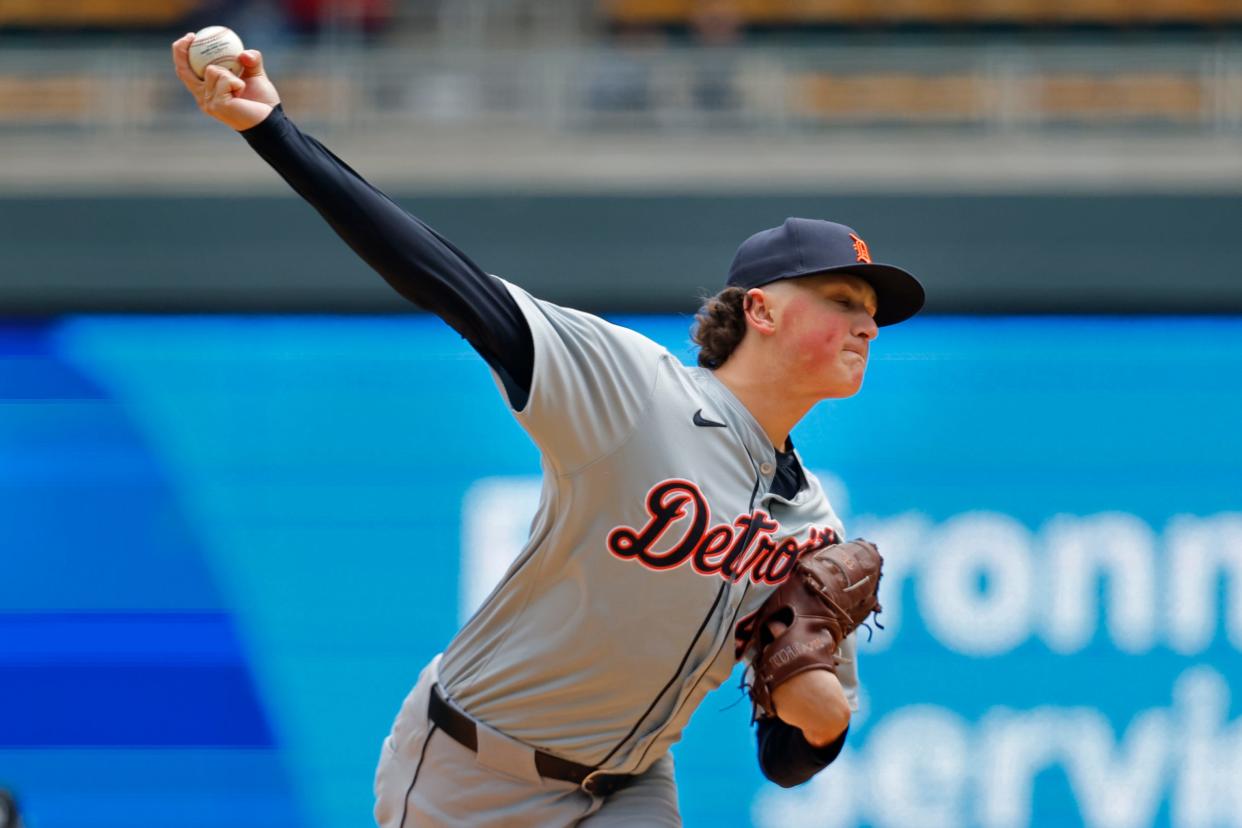 Detroit Tigers starting pitcher Reese Olson throws to the Minnesota Twins in the first inning at Target Field on Saturday, April 20, 2024, in Minneapolis, Minnesota.