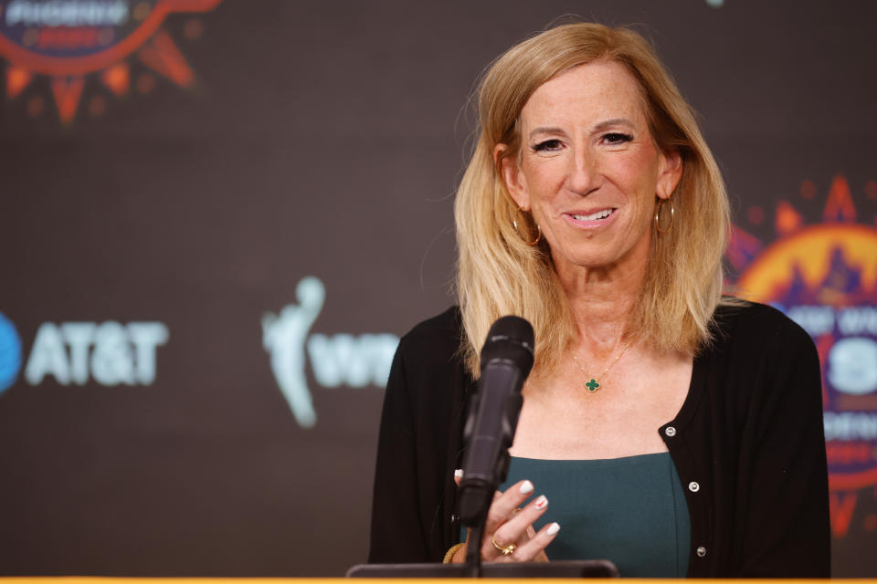 PHOENIX, ARIZONA - JULY 20: WNBA commissioner Cathy Engelbert speaks to the media before the 2024 WNBA All Star Game at Footprint Center on July 20, 2024 in Phoenix, Arizona.  (Photo by Alex Slitz/Getty Images)