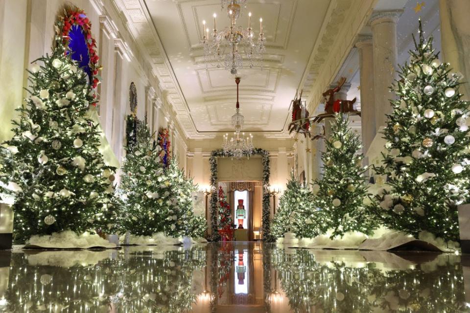 The Cross Hall of the White House decorated for Christmas in 2023