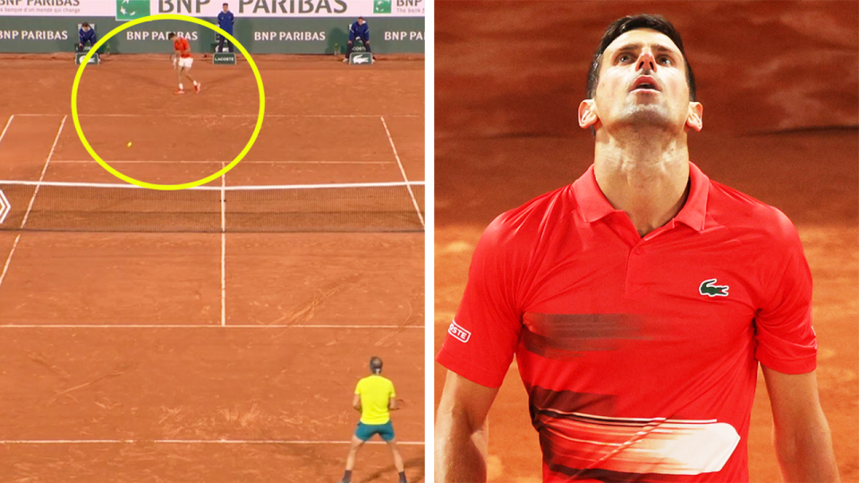 Novak Djokovic (pictured left) using a drop shot against Rafa Nadal and (pictured right) Djokovic looking frustrated.