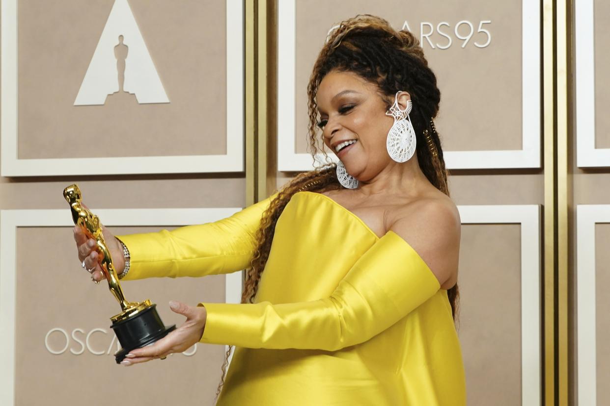 Ruth E. Carter poses with the award for best costume design for "Black Panther: Wakanda Forever" in the press room at the Oscars on Sunday, March 12, 2023, at the Dolby Theatre in Los Angeles. (Photo by Jordan Strauss/Invision/AP)