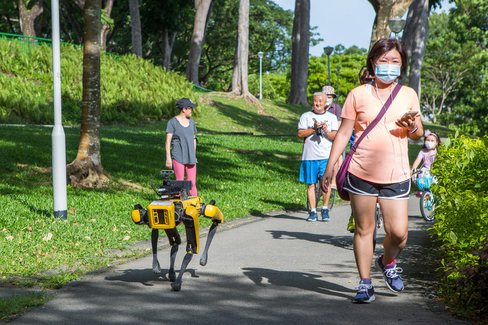 The SPOT robot seen during a demonstration at Bishan-Ang Mo Kio Park on 8 May 2020. (PHOTO: Dhany Osman / Yahoo News Singapore)