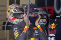 Red Bull driver Max Verstappen, of the Netherlands, covers his ears before a practice session for the F1 US Grand Prix auto race at the Circuit of the Americas, Friday, Oct. 22, 2021, in Austin, Texas. (AP Photo/Darron Cummings)