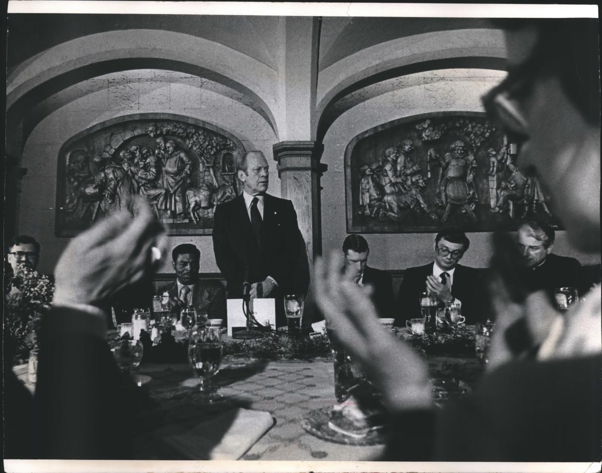 President Gerald Ford speaks at a luncheon in his honor at Mader's restaurant in Milwaukee on April 2, 1976.