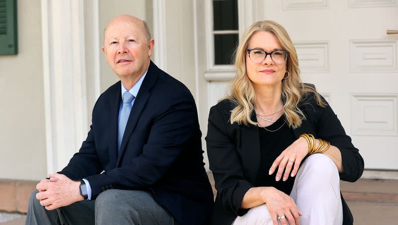 Richard Turley and Barbara Jones Brown, co-authors of “Vengeance is Mine,” pose for a portrait outside of the Beehive House in Salt Lake City on Friday, May 12, 2023.