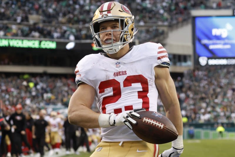 San Francisco 49ers star Christian McCaffrey is the No. 2 player in my Week 1 fantasy football running back rankings. File Photo by John Angelillo/UPI