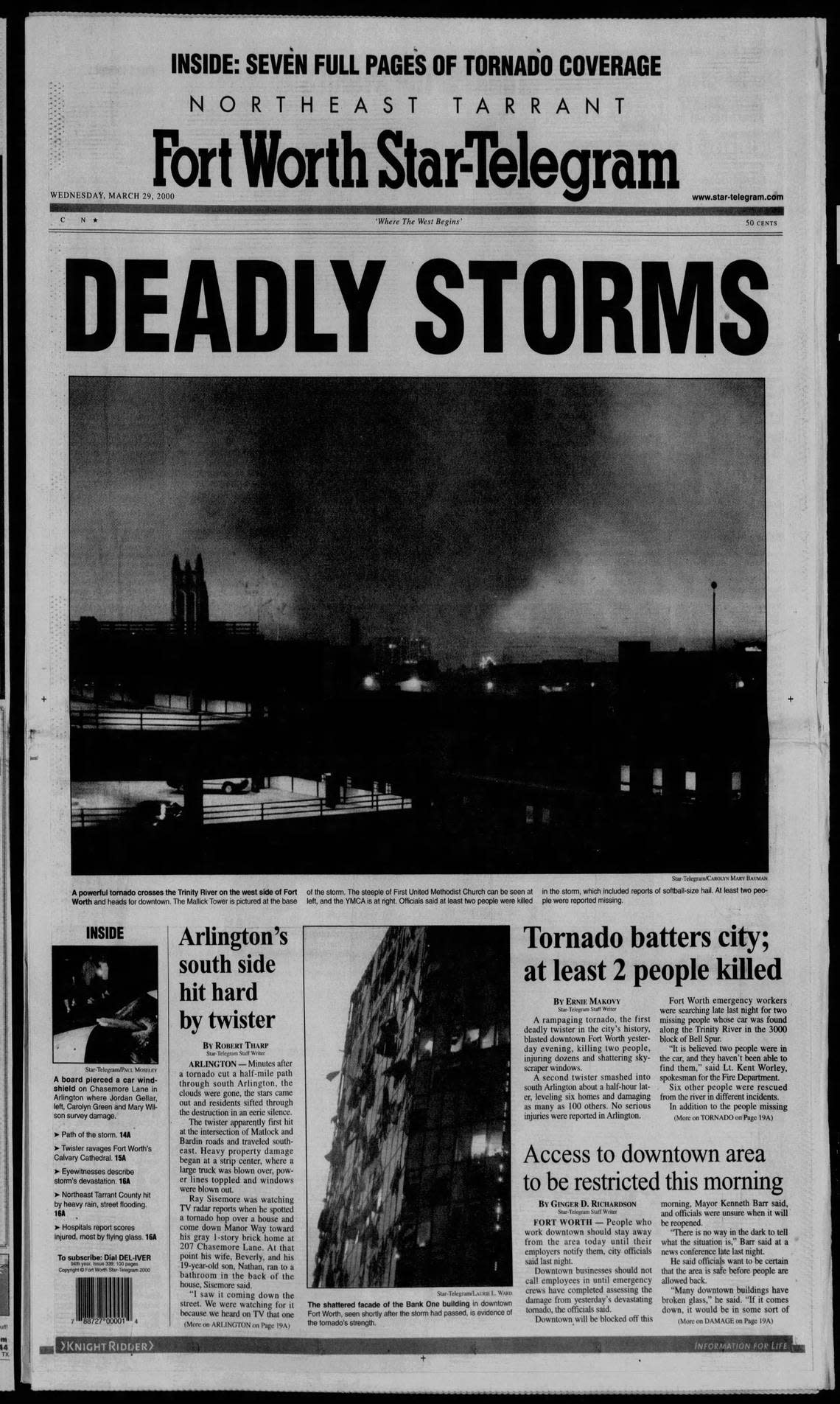 The front page of the Fort Worth Star-Telegram on March 29, 2000, the day after deadly tornadoes hit Fort Worth and Arlington.