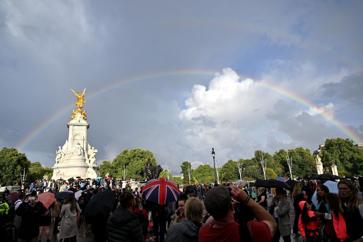 A rainbow fills the sky  outside of Buckingham Palace on Sept. 8, 2022 in London, England. 