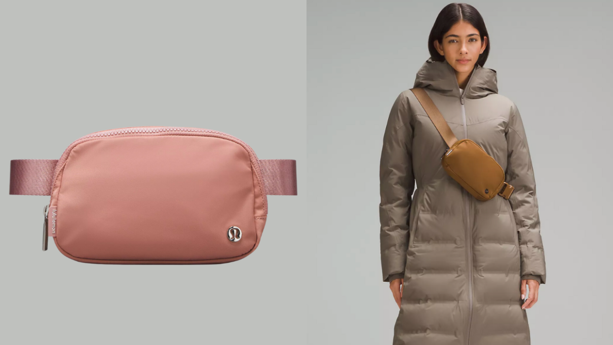 pink lululemon belt bag and woman in taupe winter jacket and brown everywhere belt bag, Lululemon just released its viral Everywhere Belt Bag in a longer strap (photos via Lululemon).