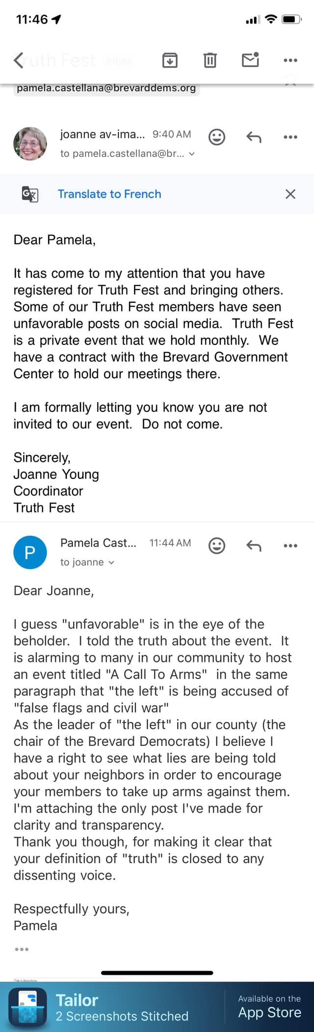 In this email, Truth Fest coordinator Joanne Young tells Brevard Democratic Chair Pamela Castellana that she was not welcome at an event held at the government center in Viera.