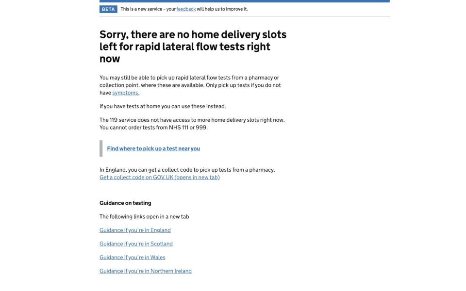 Gov.UK website showing lateral flows out of stock across the whole of England currently