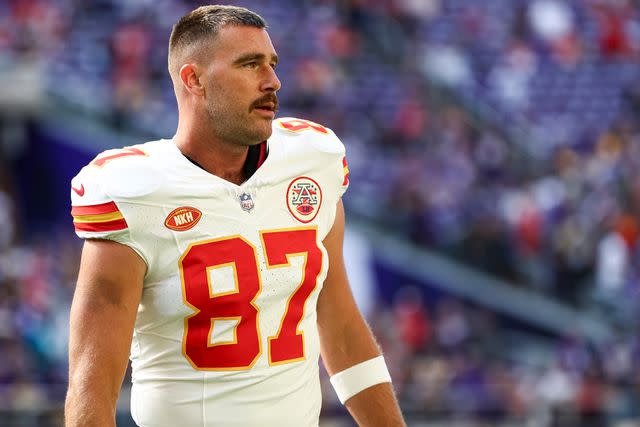 <p>Stephen Maturen/Getty</p> Travis Kelce of the Kansas City Chiefs