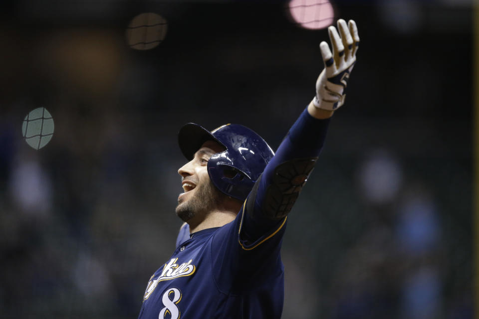 Milwaukee Brewers' Ryan Braun celebrates his game-winning, two-run single against the New York Mets during the 18th inning of a baseball game Saturday, May 4, 2019, in Milwaukee. (AP Photo/Jeffrey Phelps)