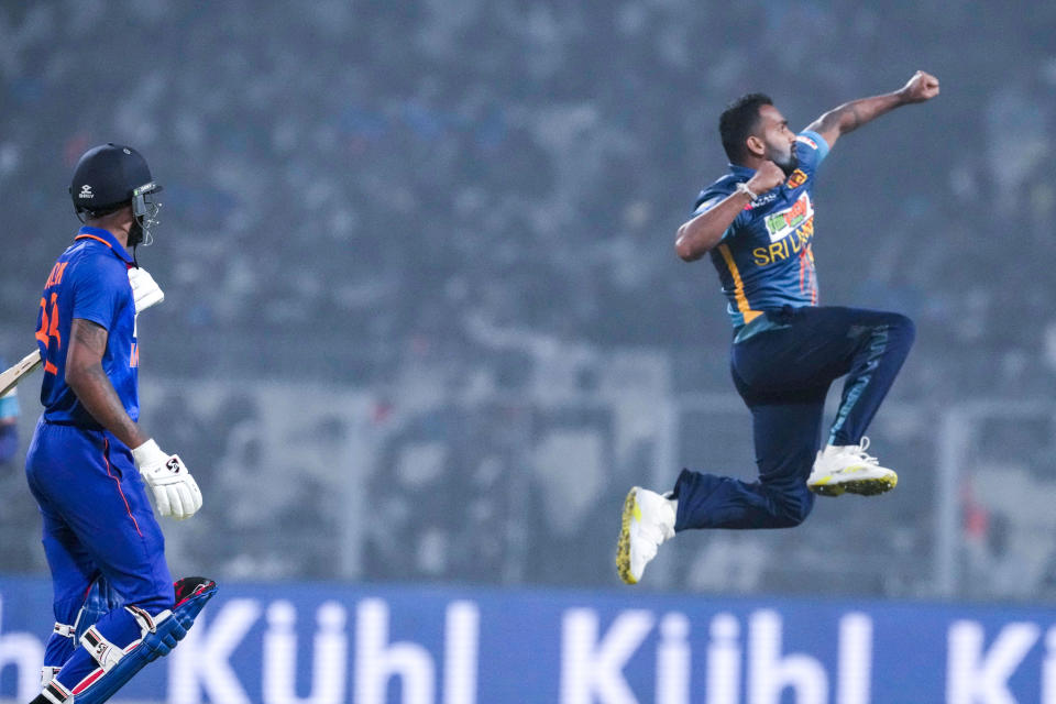 Sri Lanka’s Chamika Karunaratne celebrates the wicket of India’s Hardik Pandya during the second one-day international cricket match between India and Sri Lanka in Kolkata, India, Thursday, Jan. 12, 2023. (AP Photo/Bikas Das)