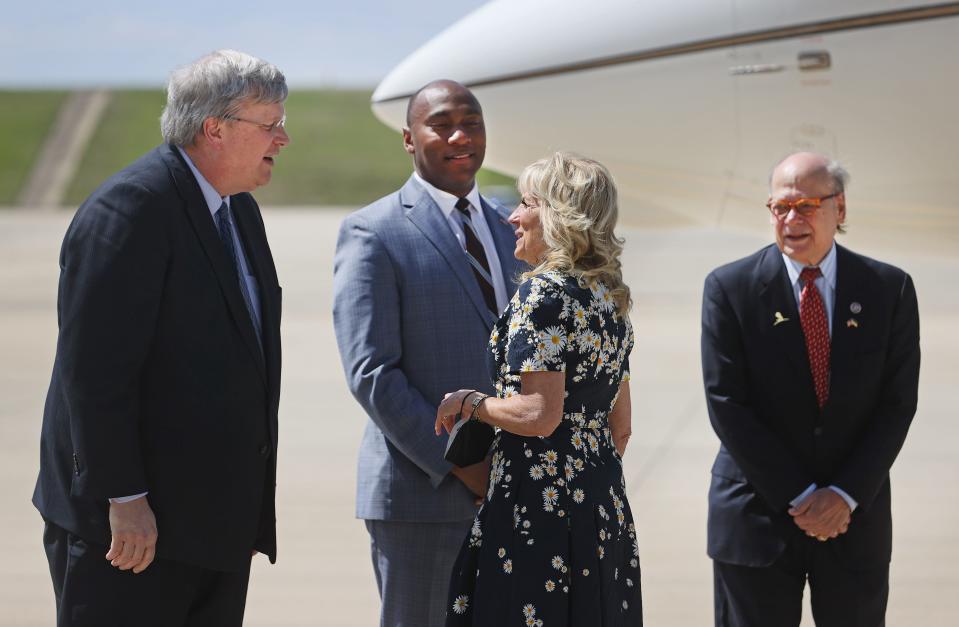 First Lady Jill Biden greets Memphis Mayor Jim Strickland, from left, Shelby County Mayor Lee Harris and Rep. Steve Cohen as she arrives at the Tennessee Air National Guard at Memphis 164th Airlift Wing on Friday, March 25, 2022. 