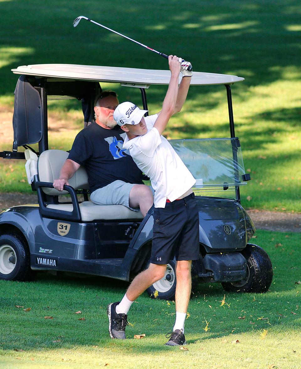 Easton Thomas hits a shot during the second round of Times-Gazette Junior Golf championship at Ashland Golf Club on Thursday, July 21, 2022. TOM E. PUSKAR/ASHLAND TIMES-GAZETTE