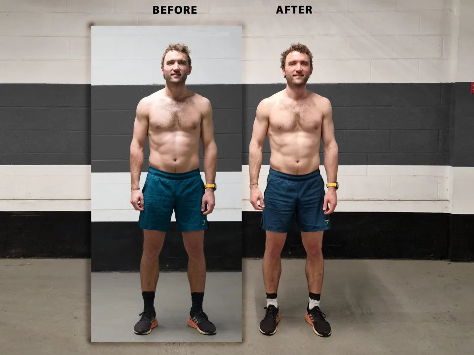 A before and after image of Hugo wearing the same pair or trainers and blue shorts at the start and end of the experiment.