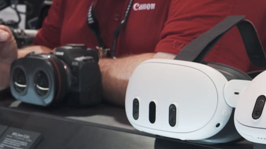 A Meta Quest 3 headset sits next to Canon's dual fisheye lens meant to create virtual reality content at NABSHOW 2024 in Las Vegas. (KLAS)