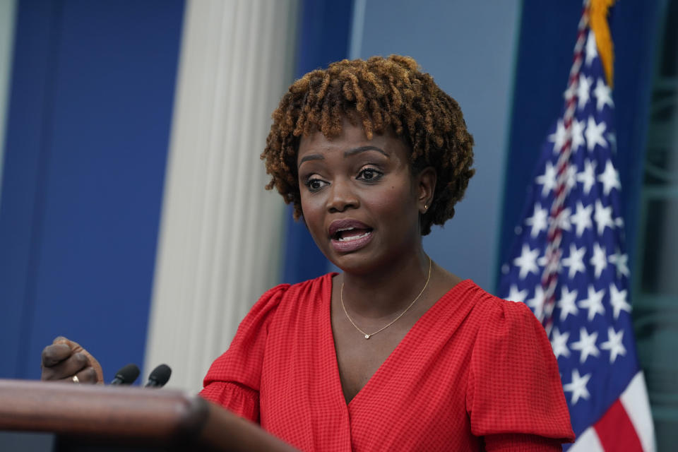 White House press secretary Karine Jean-Pierre speaks about President Joe Biden's positive COVID-19 test during a briefing at the White House, Thursday, July 21, 2022, in Washington. (AP Photo/Evan Vucci)