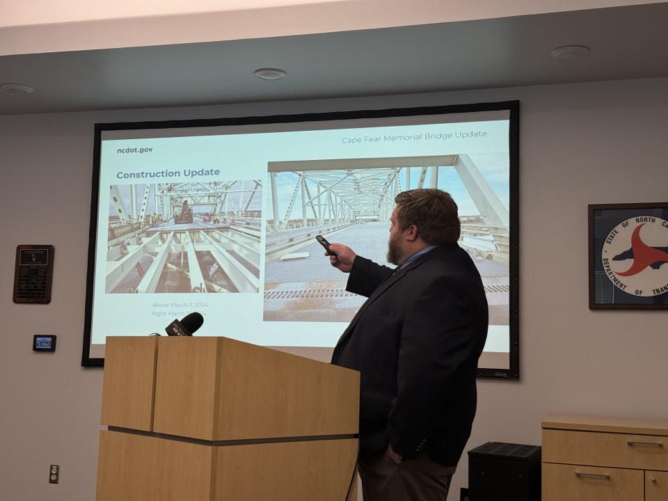 Joshua Pratt, resident engineer with the N.C. Department of Transportation, provided an update on the construction progress of the Cape Fear Memorial Bridge project at a news conference on Wednesday, March 20. Pratt said all four lanes are on schedule to reopen for the Azalea Festival.