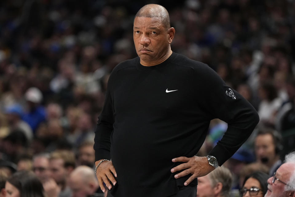 DALLAS, TEXAS - FEBRUARY 03: Head coach Doc Rivers of the Milwaukee Bucks watches play during the first half of the game against the Dallas Mavericks at American Airlines Center on February 03, 2024 in Dallas, Texas. NOTE TO USER: User expressly acknowledges and agrees that, by downloading and or using this photograph, User is consenting to the terms and conditions of the Getty Images License Agreement. (Photo by Sam Hodde/Getty Images)