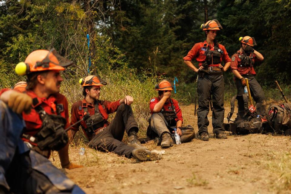 A wildfire crew assigned to B.C.'s Scotch Creek wildfire in the summer of 2023.