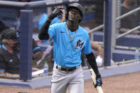 Miami Marlins second baseman Jazz Chisholm looks skyward before batting during the seventh inning of a spring training baseball game against the Washington Nationals, Wednesday, March 3, 2021, in West Palm Beach, Fla. (AP Photo/Lynne Sladky)