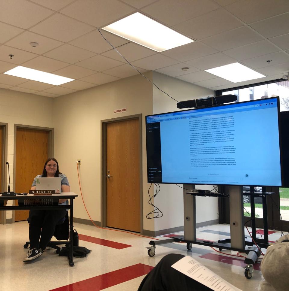 Alliance High School senior Tamra Jackson, who represents the student body during Board of Education meetings, makes a presentation on artificial intelligence and ChatGPT on April 18, 2023.