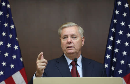 U.S. Senator Lindsey Graham gestures during a news conference in Ankara, Turkey, January 19, 2019. REUTERS/Stringer NO RESALES NO ARCHIVES