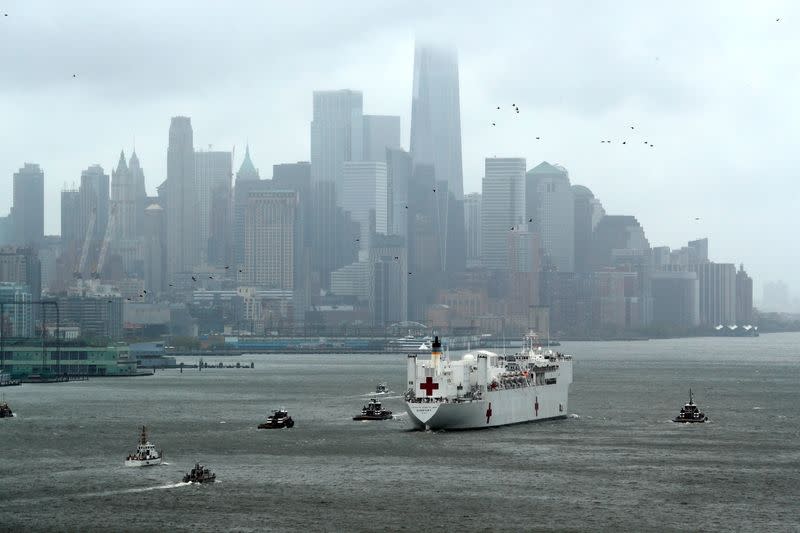 Hospital ship USNS Comfort departs Manhattan during the outbreak of coronavirus disease (COVID-19) in New York