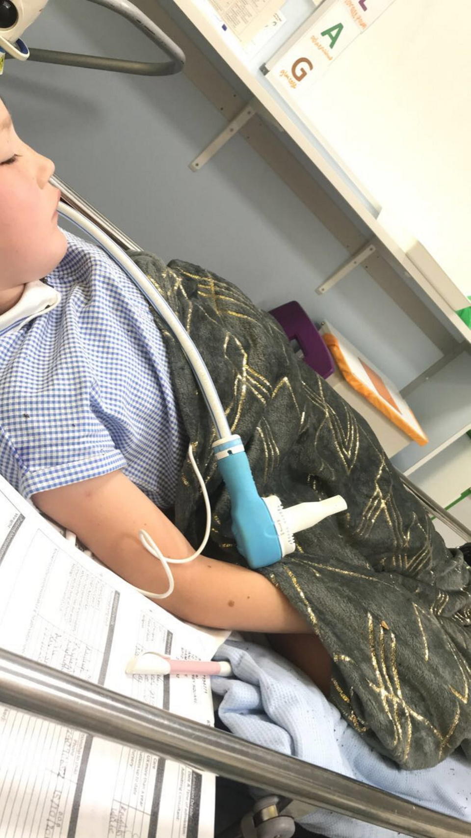 Pictured: Elliemai Smith in hospital after the hit-and-run by an e-scooter rider.

An eight year old girl suffered concussion and a broken leg when a hit-and-run e-scooter rider ploughed into her on a footpath at 'over 20mph'.  Elliemai Smith was sent flying as the scooter smashed into her before the man riding it sped off, leaving her crying on the ground.

She was then rushed to hospital in an ambulance.  Police are now hunting the illegal rider and Elliemai's mother, 28 year old Kayleigh McColl, has appealed for anyone who recognises his description to come forward.  SEE OUR COPY FOR DETAILS.

Please byline: Family/Solent News

© Family/Solent News & Photo Agency
UK +44 (0) 2380 458800
 *** Local Caption *** Submitted to us by mum Kayleigh McColl,

07740906872
kayleighlouisepennie@gmail.com