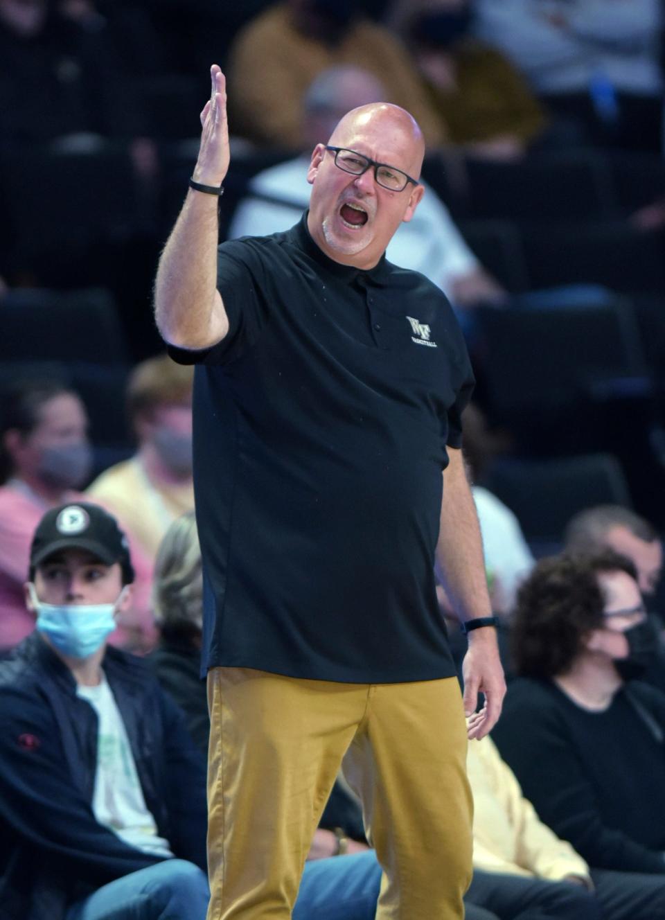Wake Forest coach Steve Forbes gestures during the first half of the team's NCAA college basketball game against Charleston Southern on Wednesday, Nov. 17, 2021, in Winston-Salem, N.C. (Walt Unks/The Winston-Salem Journal via AP)