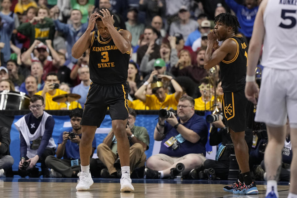 Kennesaw State guard Chris Youngblood reacts after fouling Xavier guard Colby Jones during the second half of a first-round college basketball game in the NCAA Tournament on Friday, March 17, 2023, in Greensboro, N.C. (AP Photo/Chris Carlson)