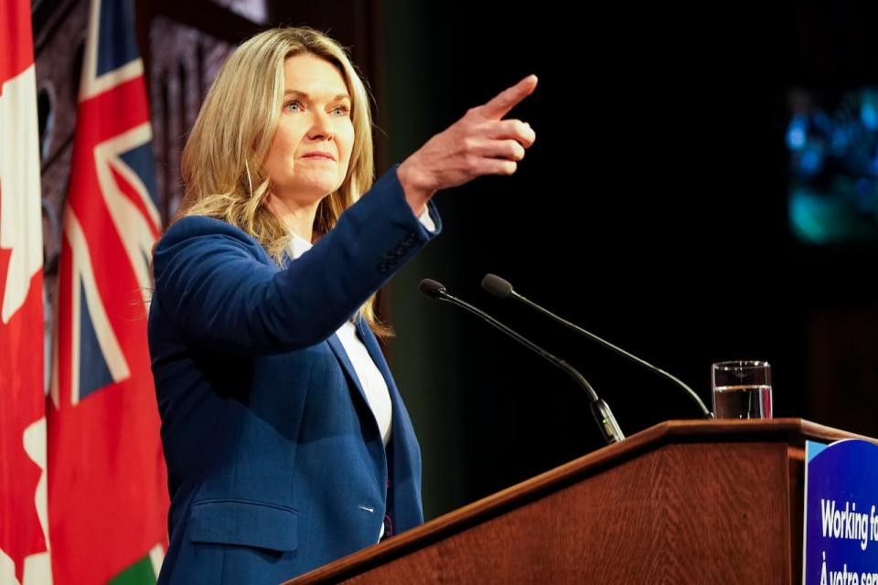 Jill Dunlop, Ontario Minister of Colleges and Universities, speaks during a press conference at Queen’s Park in Toronto, on Monday, Feb 26, 2024.  