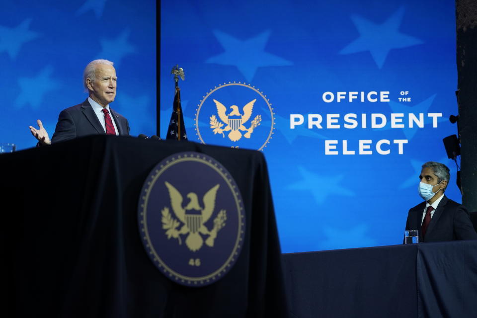 President-elect Joe Biden speaks during an event at The Queen theater in Wilmington, Del., Tuesday, Dec. 8, 2020, to announce his health care team. Dr. Vivek Murthy has been nominated by Biden to serve US Surgeon General. (AP Photo/Susan Walsh)