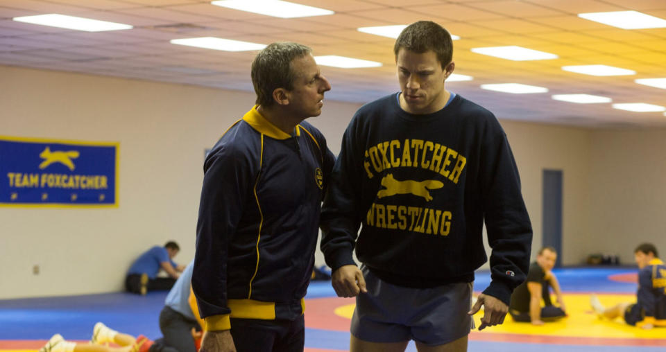 Steve Carell (left) and Channing Tatum (right) star in this film about a wrestling brother team training for the 1988 Olympic games. Makeup by Bill Corso and hair by Kathrine Gordon.