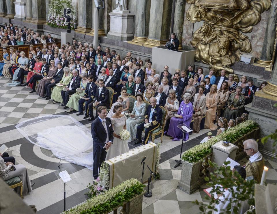 Princess Madeleine and Christopher O'Neill, at the Royal Chapel during their wedding ceremony in Stockholm, Saturday, June 8, 2013. (AP Photo/Scanpix Sweden, Jessica Gow) SWEDEN OUT