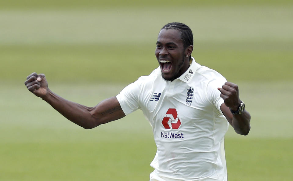 England's Jofra Archer celebrates the dismissal of West Indies' Shamarh Brooks during the fifth day of the first cricket Test match between England and West Indies, at the Ageas Bowl in Southampton, England, Sunday, July 12, 2020. (Adrian Dennis/Pool via AP)